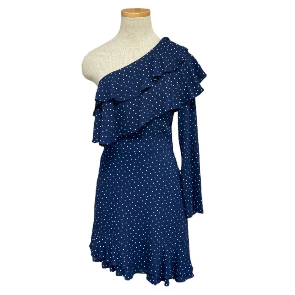 WAYF Dress One Shoulder Ruffle Blue Polka Dots Size XS